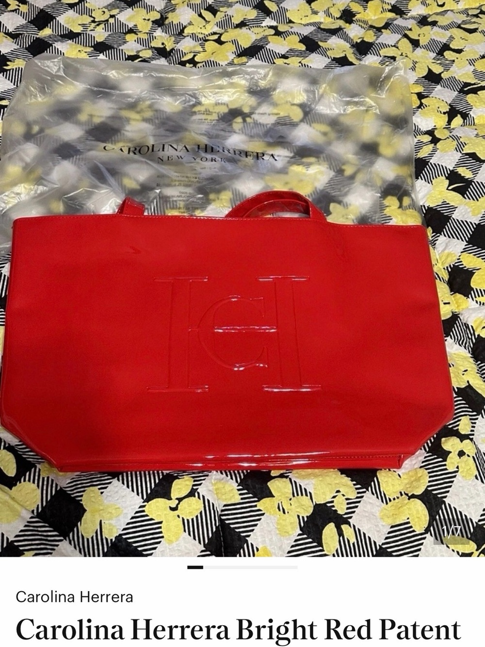 Carolina Herrera Red Patent Tote with Embossed CH Logo